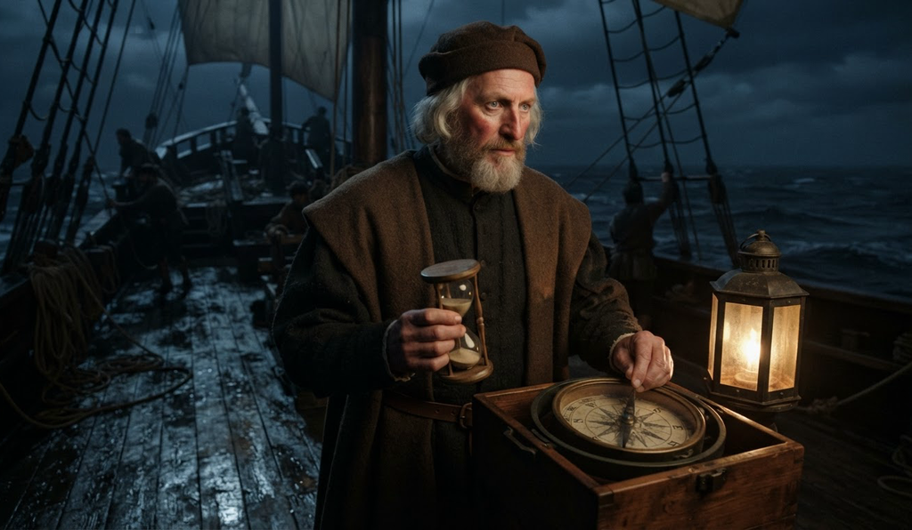 Christopher Columbus holds a sandglass and compass on a ship deck at night.