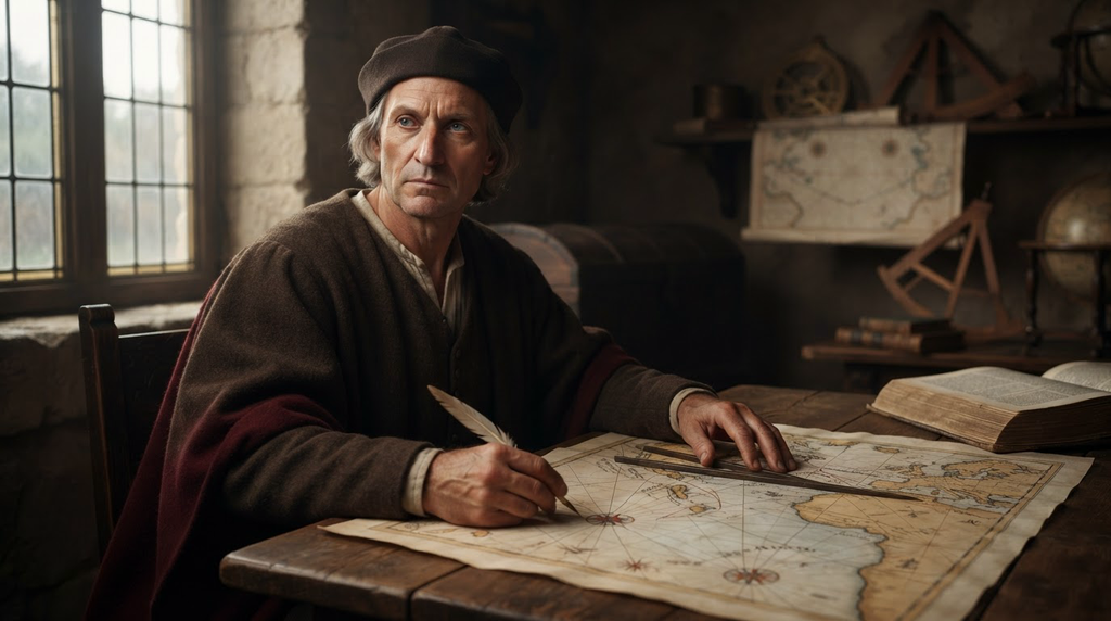 Christopher Columbus studies a map of the Atlantic Ocean showing wind vectors.
