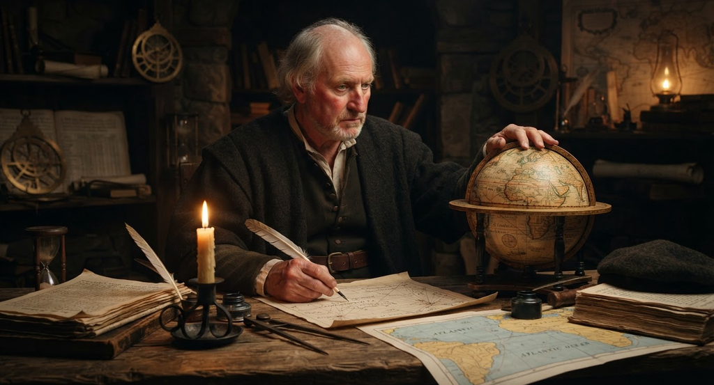 Christopher Columbus examines globe projections and charts by candlelight.
