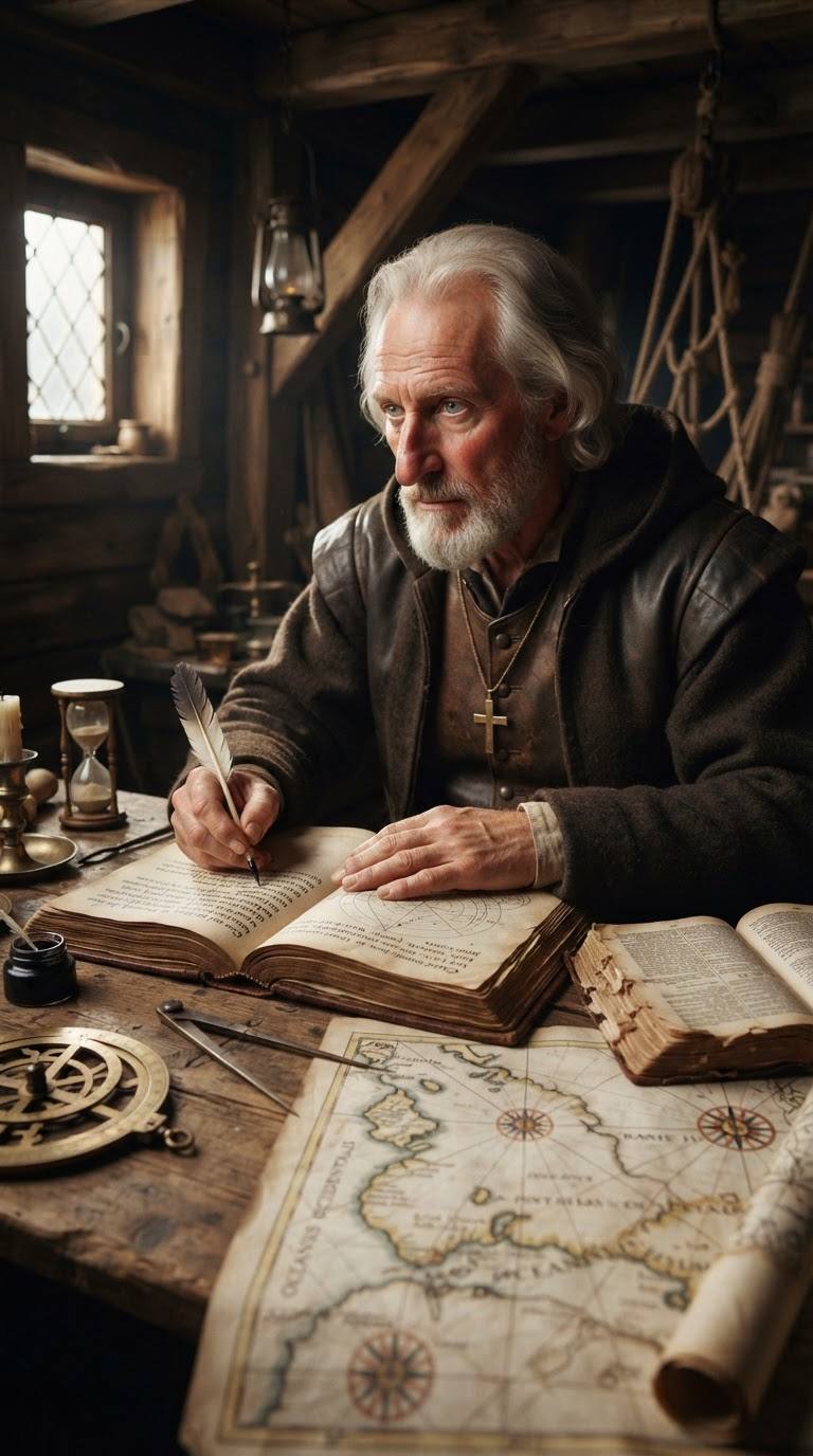 Christopher Columbus writes in a journal surrounded by sea charts and scripts.