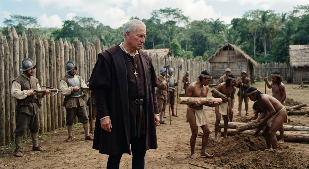 Christopher Columbus observes Spanish soldiers at a settlement in Hispaniola.