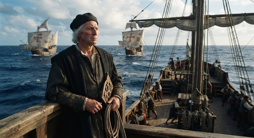 Christopher Columbus watches three wooden caravels sailing across the Atlantic Ocean.