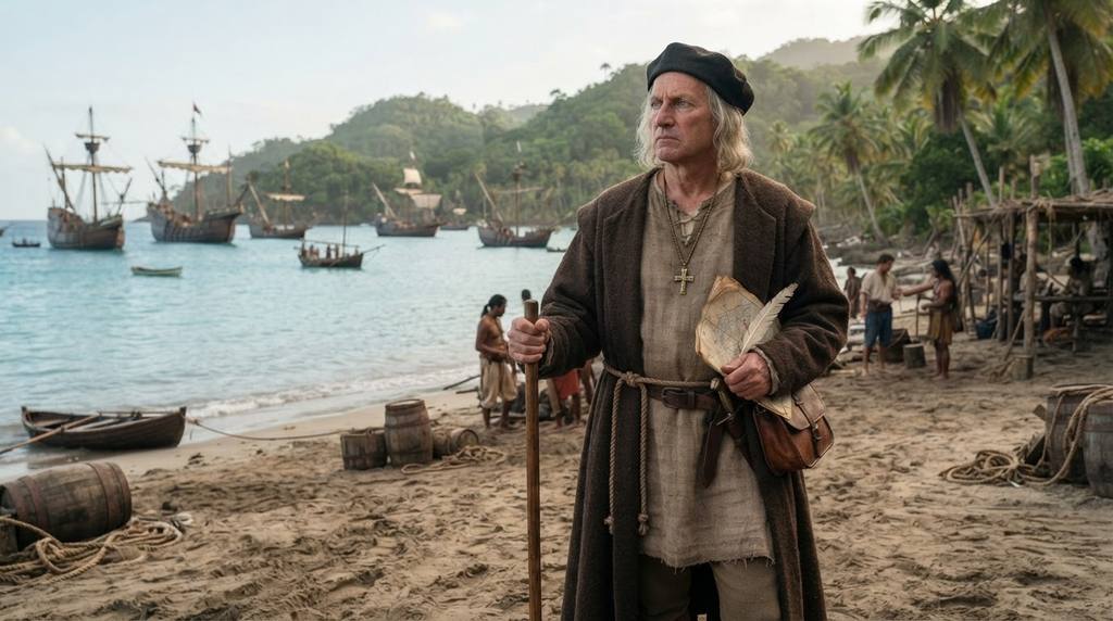 Christopher Columbus stands near Spanish vessels anchored in a tropical bay.