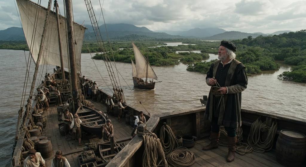 Christopher Columbus views a caravel approaching a lush South American delta.