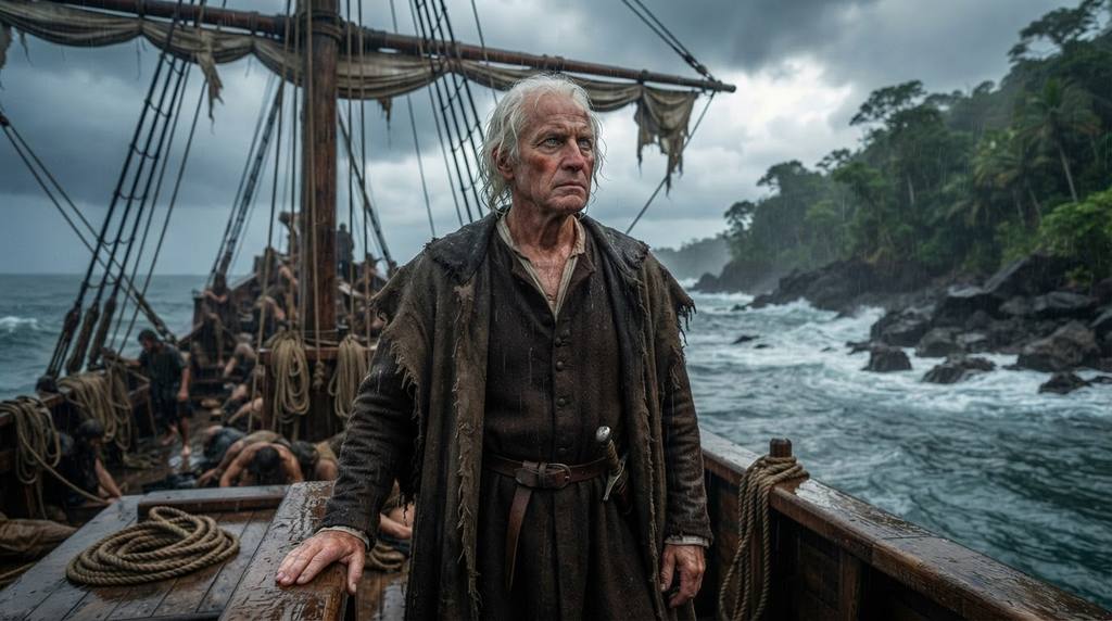 Christopher Columbus stands near a damaged ship anchored by a rocky shore.
