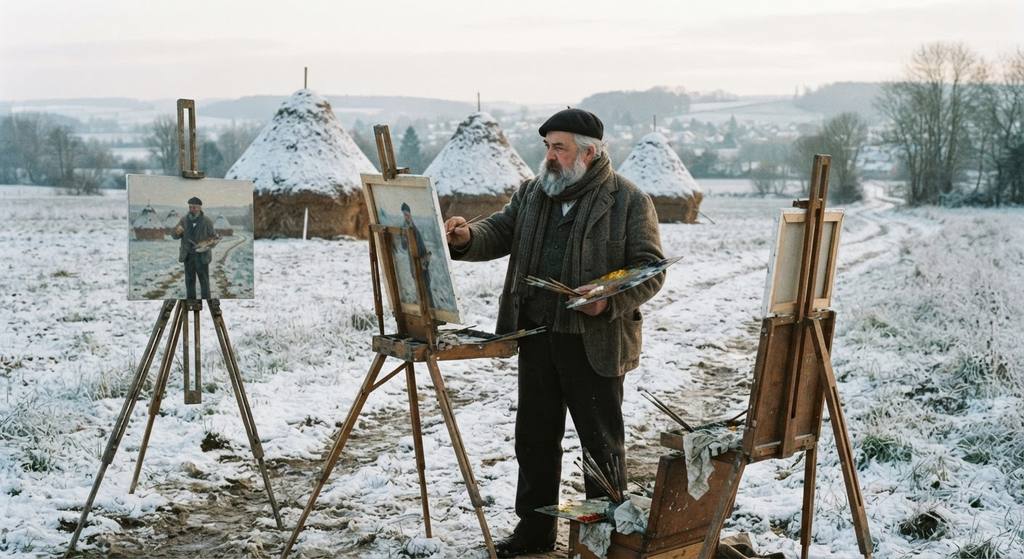 Claude Monet stands before three easels in a snow-covered field, painting grainstacks in the morning light.