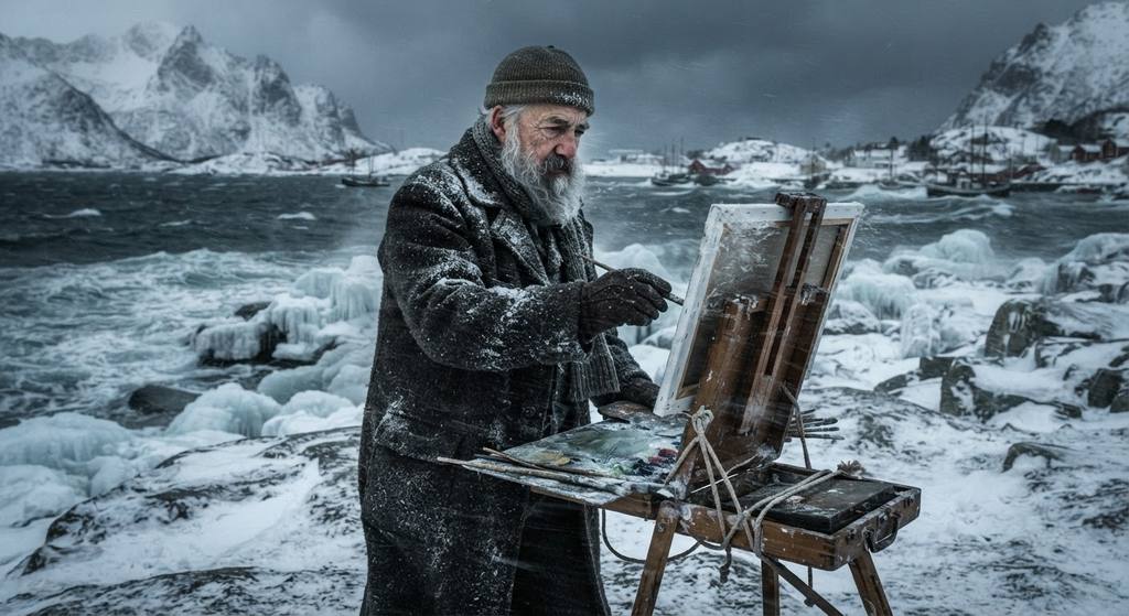 Claude Monet, bundled in a heavy wool coat, struggles to paint on a frozen, windy Norwegian shore.