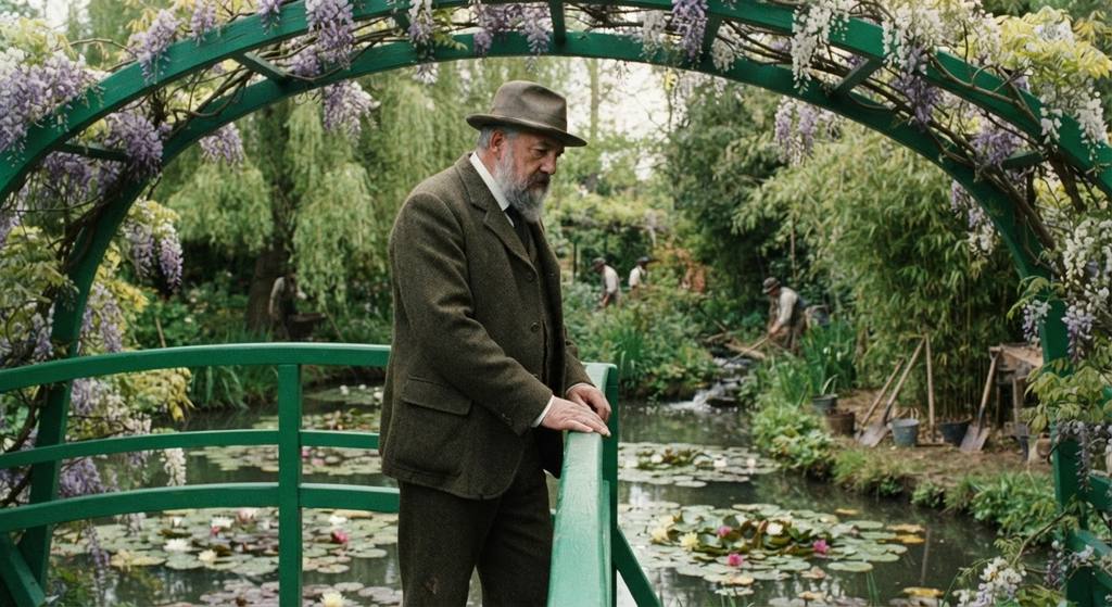 Claude Monet stands on the green wooden Japanese bridge at Giverny, surrounded by wisteria and water lilies.