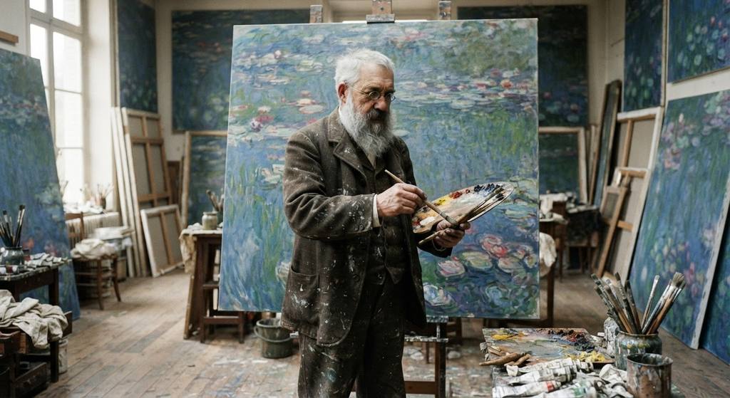An elderly Claude Monet stands in his studio holding a palette, surrounded by massive water lily canvases.
