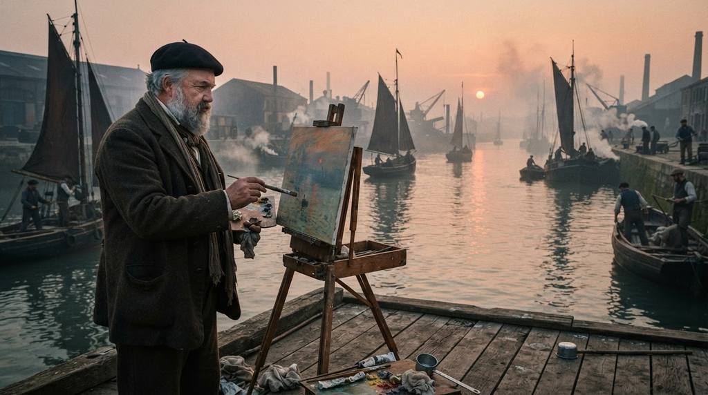 A soft orange sun rises over the misty, calm waters of the port in Le Havre.