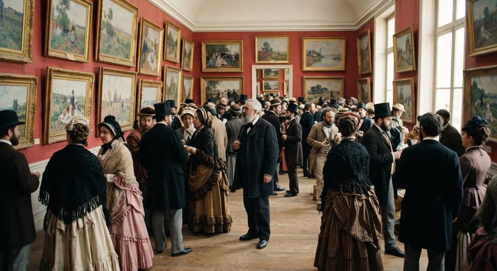 Victorian-era visitors in formal clothing browse paintings hanging on the walls of a brightly lit Paris gallery.