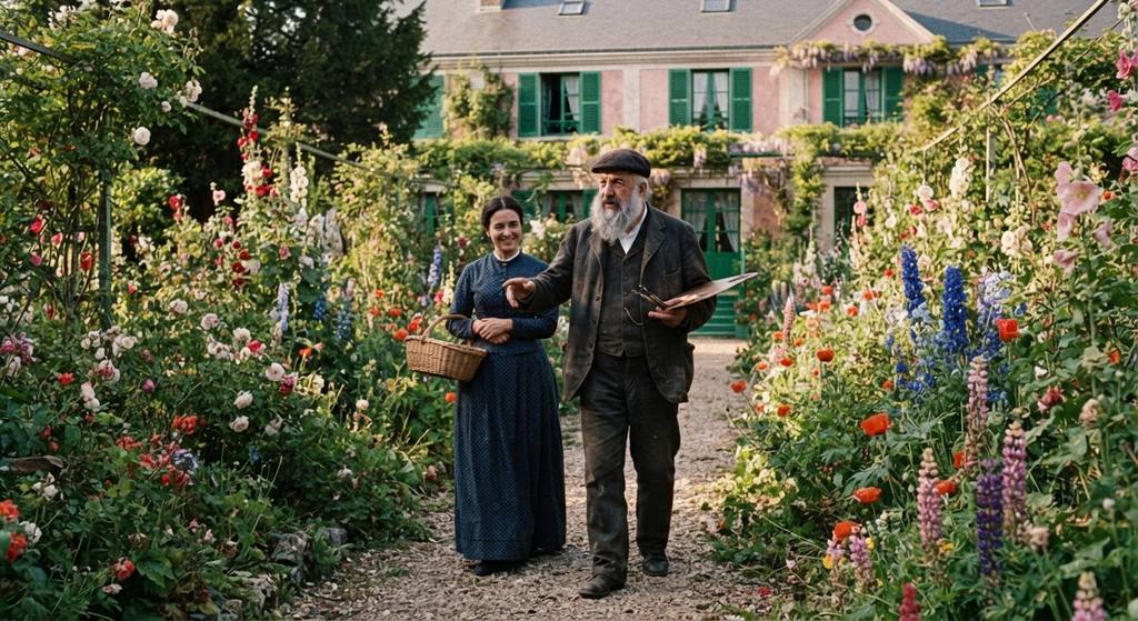 A lush, vibrant flower garden surrounds a pink countryside house in Giverny.