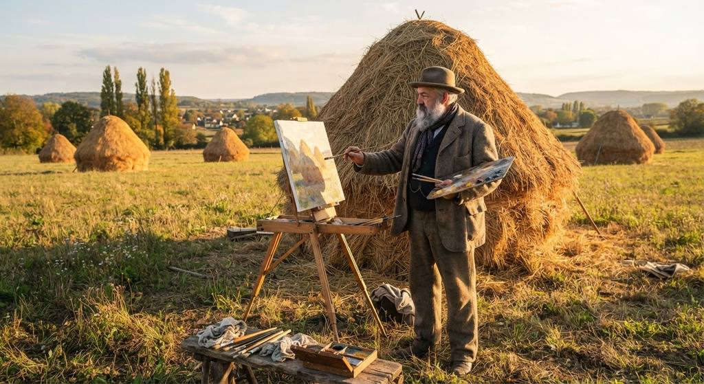 Several large haystacks sit in a field, glowing under the warm, golden light of a late afternoon sun.