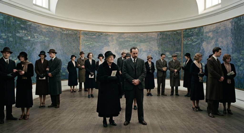 Large, curved panels of water lily paintings are installed along the walls of an oval-shaped museum room.
