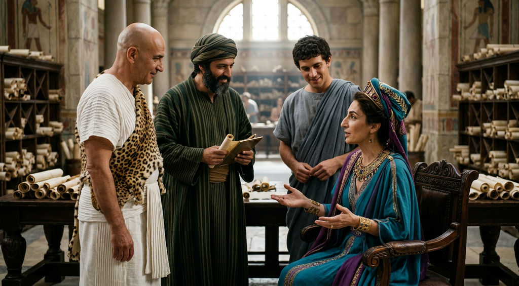 Cleopatra confers with priests and visiting merchants inside the grand library of Alexandria.