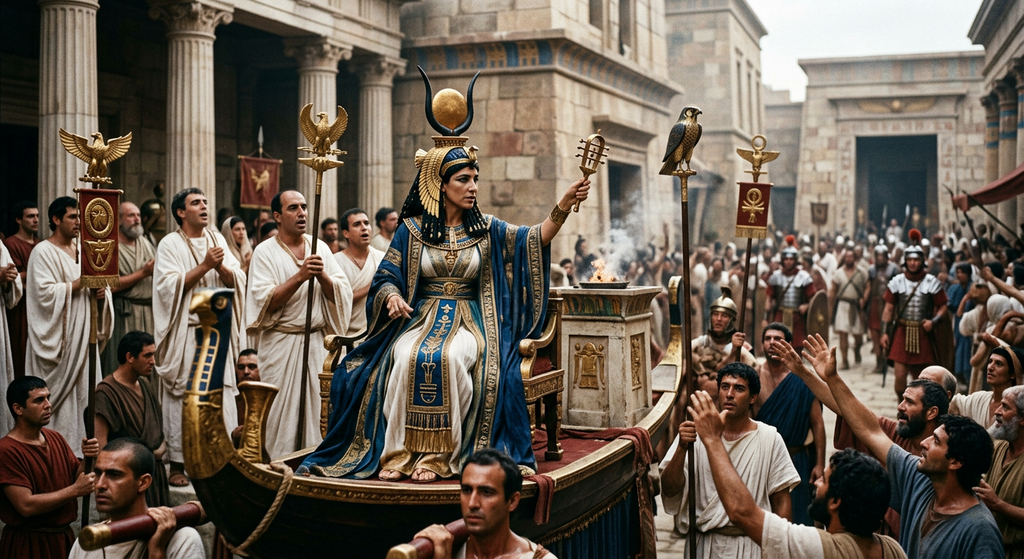 Cleopatra walks through Alexandria dressed in ceremonial robes and a horned diadem of Isis.