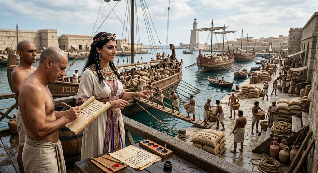 Royal officials oversee laborers loading sacks of grain onto large ships at the harbor of Alexandria.