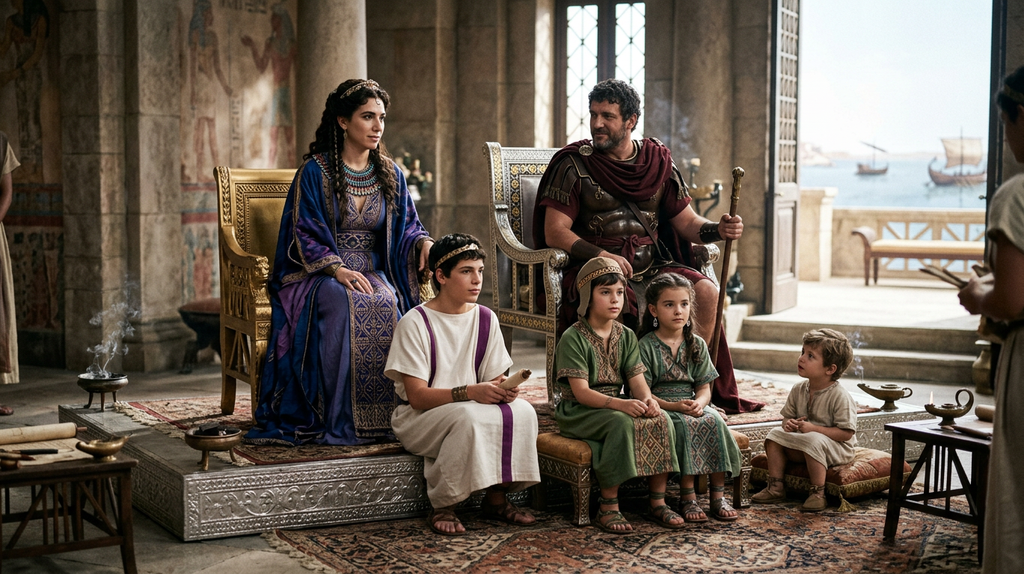 Cleopatra and Mark Antony sit on golden thrones on a silver dais with their children.