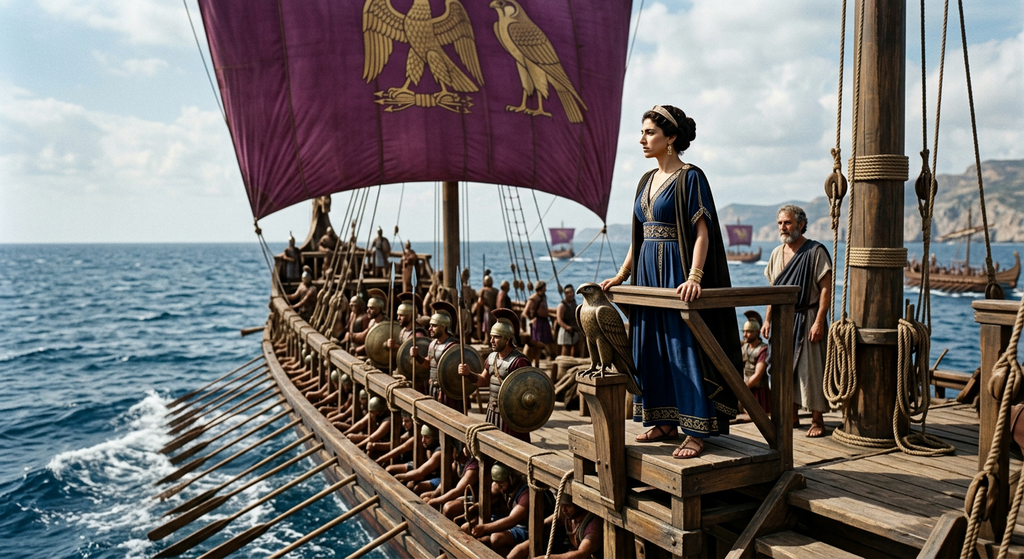 A Ptolemaic warship with distinctive purple sails cuts across the open waters of the Mediterranean.