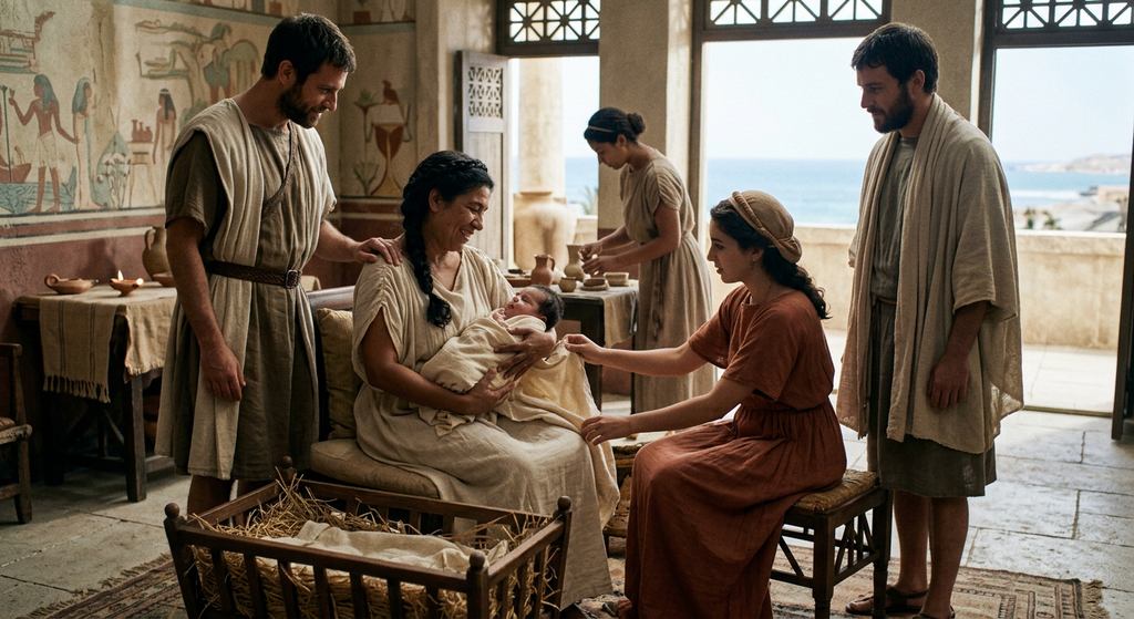 A grand Hellenistic palace overlooks the Mediterranean Sea along the coastline of ancient Alexandria.