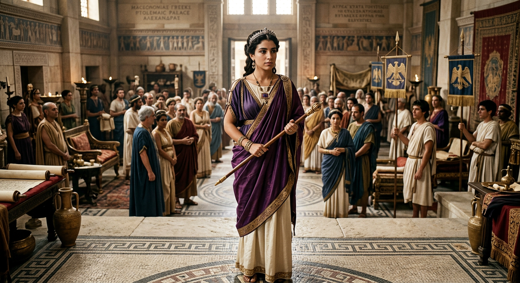 Queen Cleopatra wears a diadem while standing before gathered attendants in her royal court at Alexandria.
