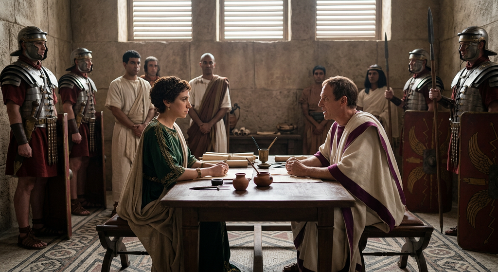 Cleopatra stands in a council room surrounded by Roman soldiers and her Egyptian royal advisors.