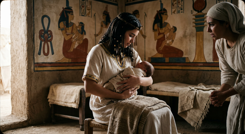 Cleopatra cradles her infant child inside a nursery adorned with traditional symbols of Isis.