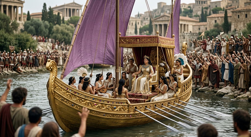 Cleopatra travels aboard an ornate golden barge on a river as crowds gather along the banks.