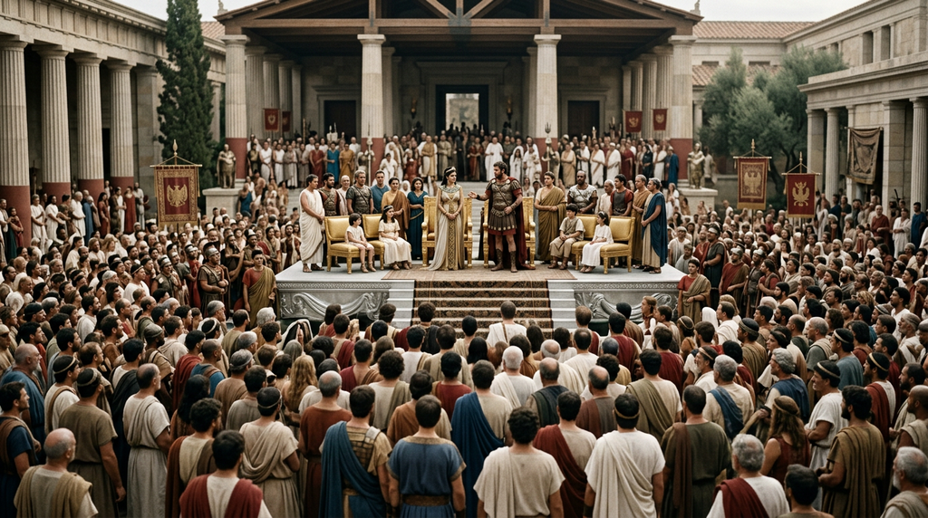 Cleopatra sits upon a golden throne on an elevated silver platform in a crowded open gymnasium.
