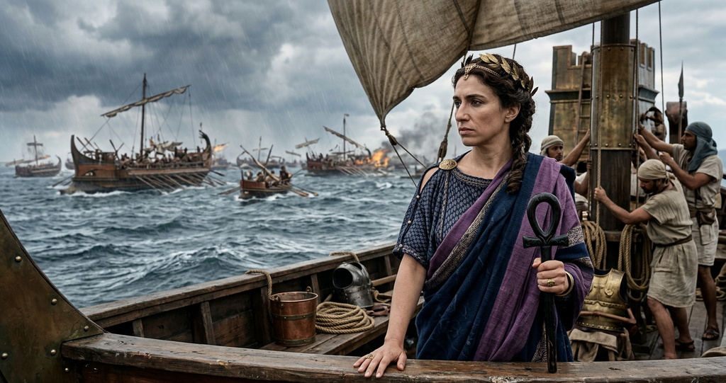 Ancient warships engage in an intense naval battle across choppy stormy waters.