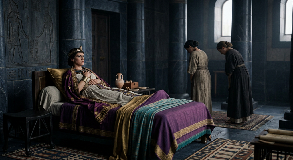 Queen Cleopatra rests motionless on a couch within a quiet, opulent palace room.