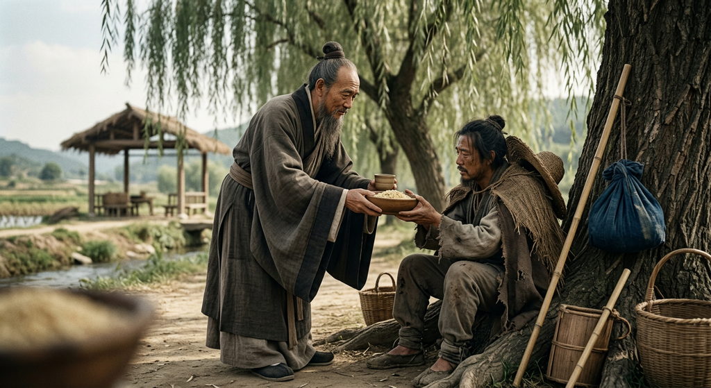 A Zhou dynasty scholar kneels beneath a willow tree to offer food to a seated, weary traveler.