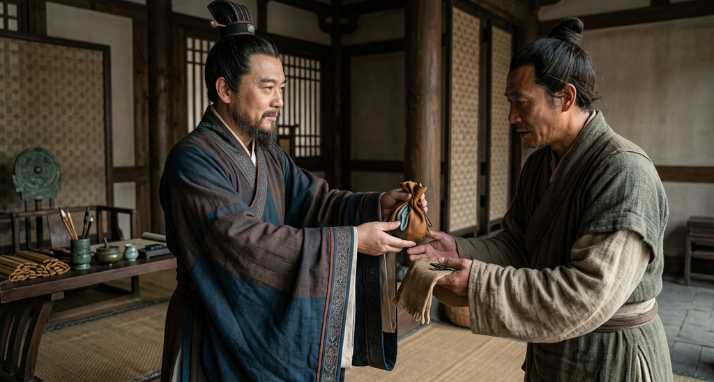 An ancient Chinese magistrate hands a small cloth bag of coins back to a merchant outdoors.