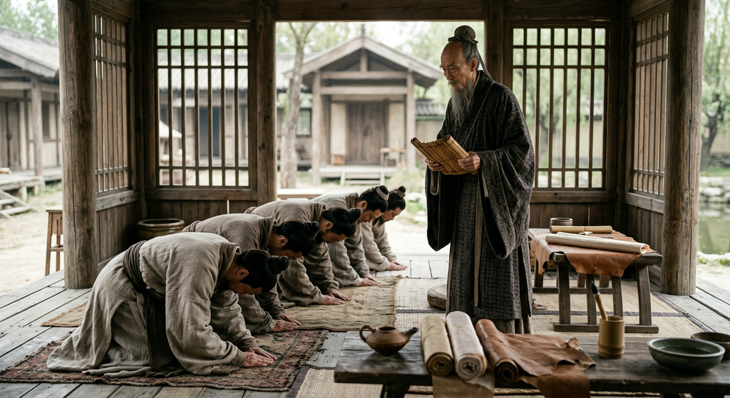Disciples in traditional robes bow deeply before an elderly scholar inside a wooden pavilion.