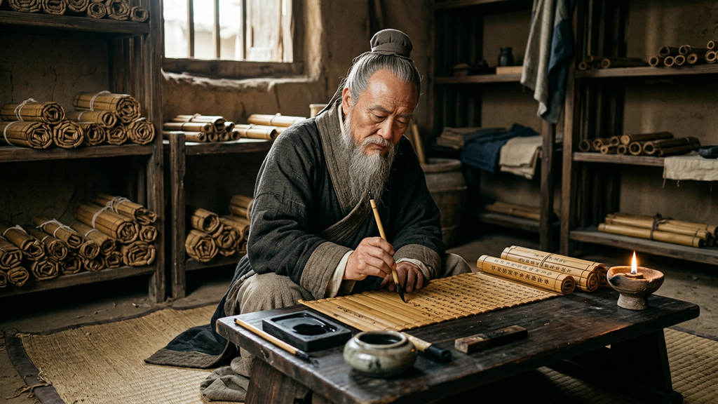 Bamboo scrolls lie unrolled on a low wooden table next to an inkstone and a writing brush.
