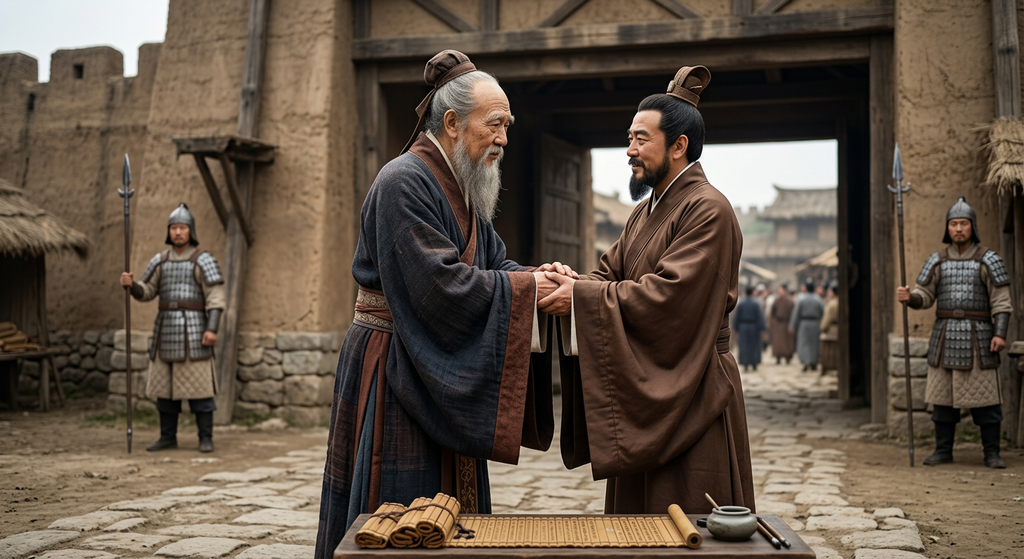 Two ancient Chinese officials in traditional robes clasp hands together outside a stone city gate.