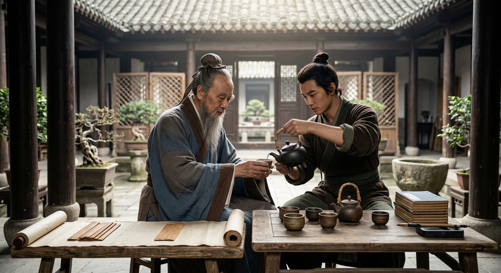 A young man kneels to pour tea for his seated elderly father inside a quiet courtyard.