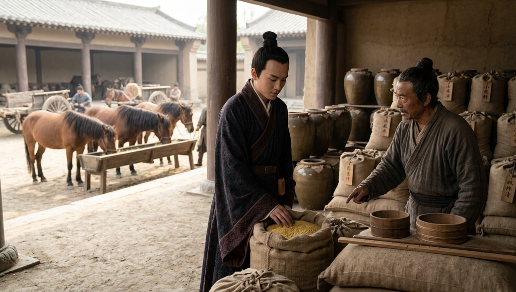 A young scholar stands outside a rustic wooden storehouse inspecting horses and grain supplies.