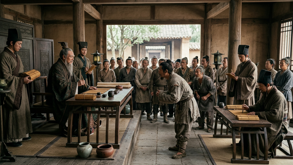 A tall official in traditional wide-sleeved Zhou dynasty robes presides over an ancient courtroom.