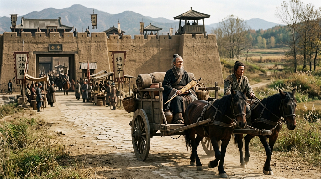 A lone traveler rides in a horse-drawn wooden cart along a dirt road heading away from a walled city.
