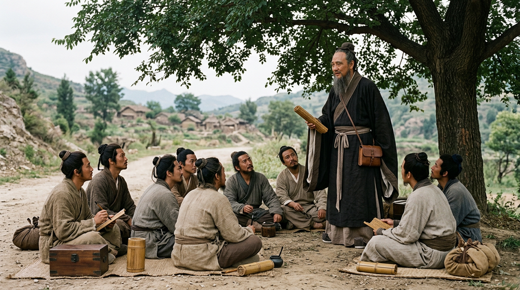 An elderly scholar sits beneath a large tree on a dusty roadside while speaking to attentive disciples.