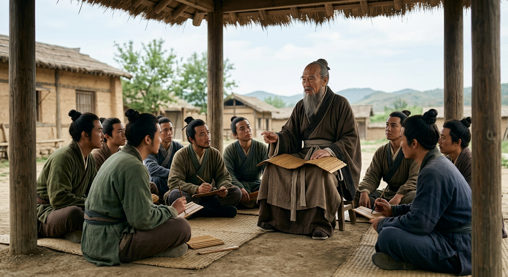 An elderly teacher in simple silk robes sits inside an open pavilion surrounded by listening disciples.
