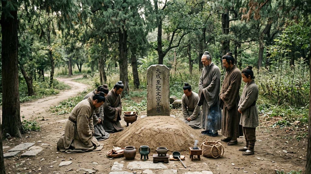 An upright stone stele marks a simple earthen tomb resting in a quiet, shaded grove of trees.