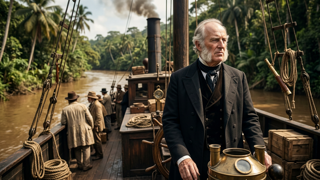 A shallow-draft steamboat travels through a narrow tropical river surrounded by dense jungle.