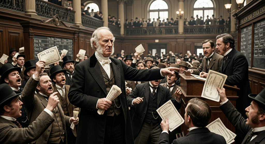 Traders wave stock certificates and shout on a crowded stock exchange floor in the 1860s.