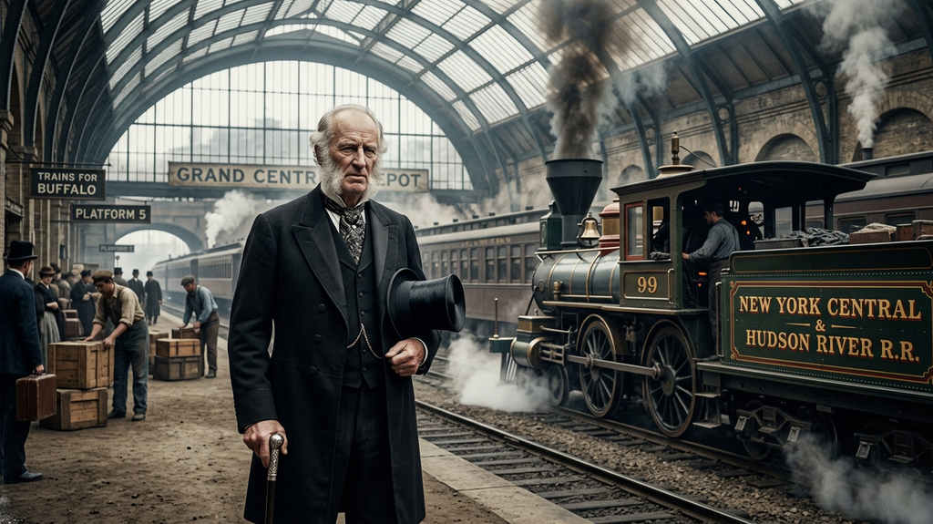 A massive steam locomotive pulls past passenger platforms inside a grand glass-roofed station.