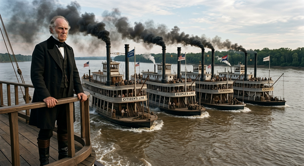 Multiple wooden steamboats race side by side along a wide river.