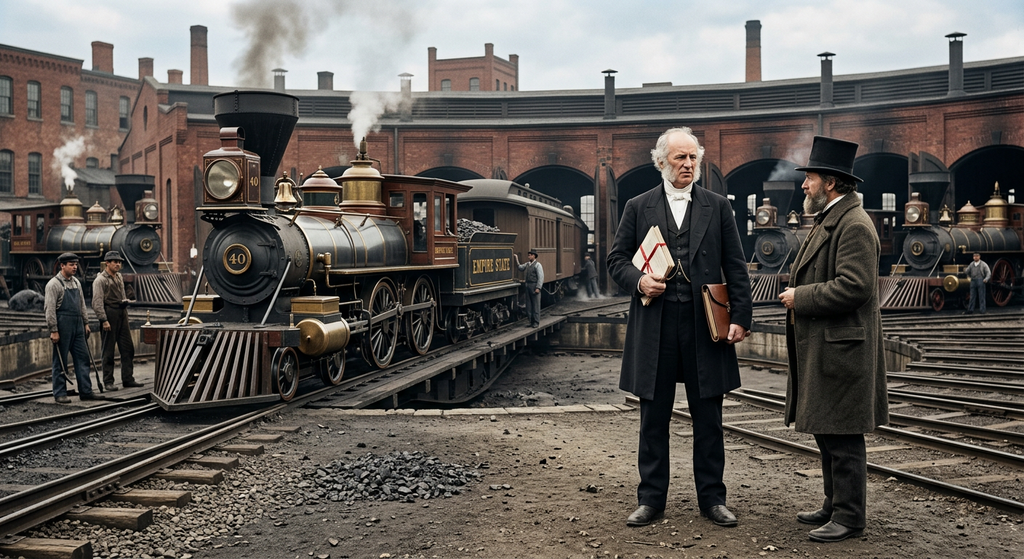 Early steam locomotives sit parked outside a brick roundhouse under a clear sky.