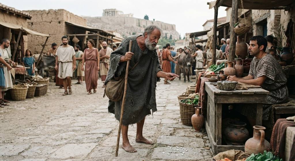 A disheveled man in a rough cloak gestures toward silver coins scattered on a stone market counter in Athens.