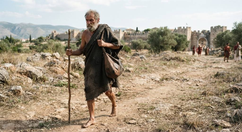 A barefoot man with a gray beard and a simple wooden staff walks along a dusty, sun-baked path outside Corinth.